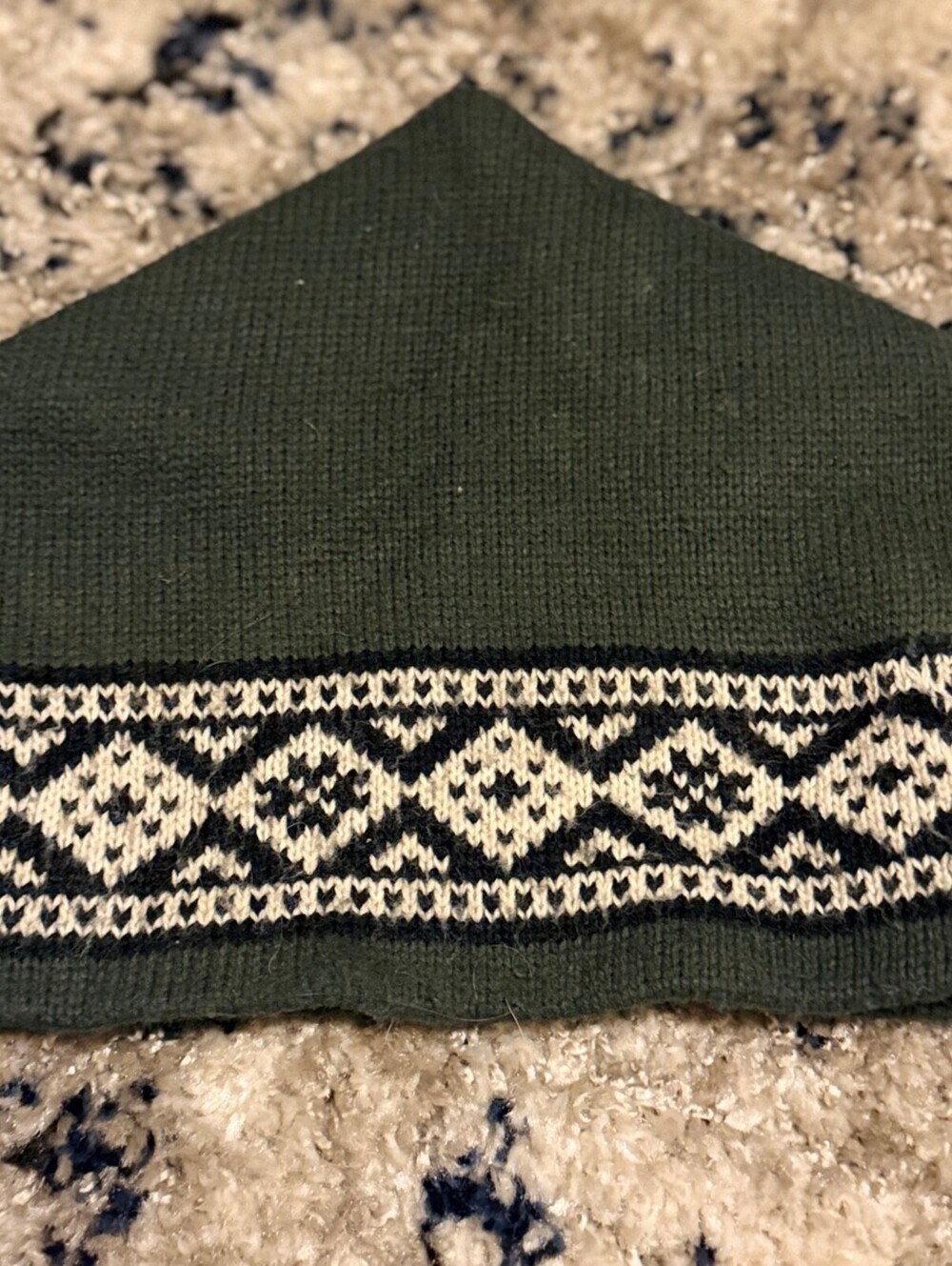 Vintage Green Fair Isle Knit Beanie Black Cream Diamond Pattern